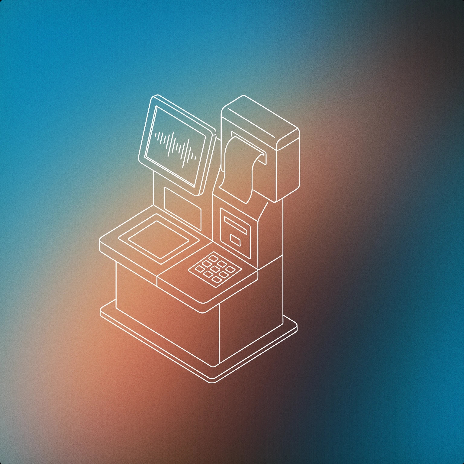 Cover of Self-checkout kiosk with a prominent receipt printer and a touch screen displaying sound wave patterns for Supermarket sound effects