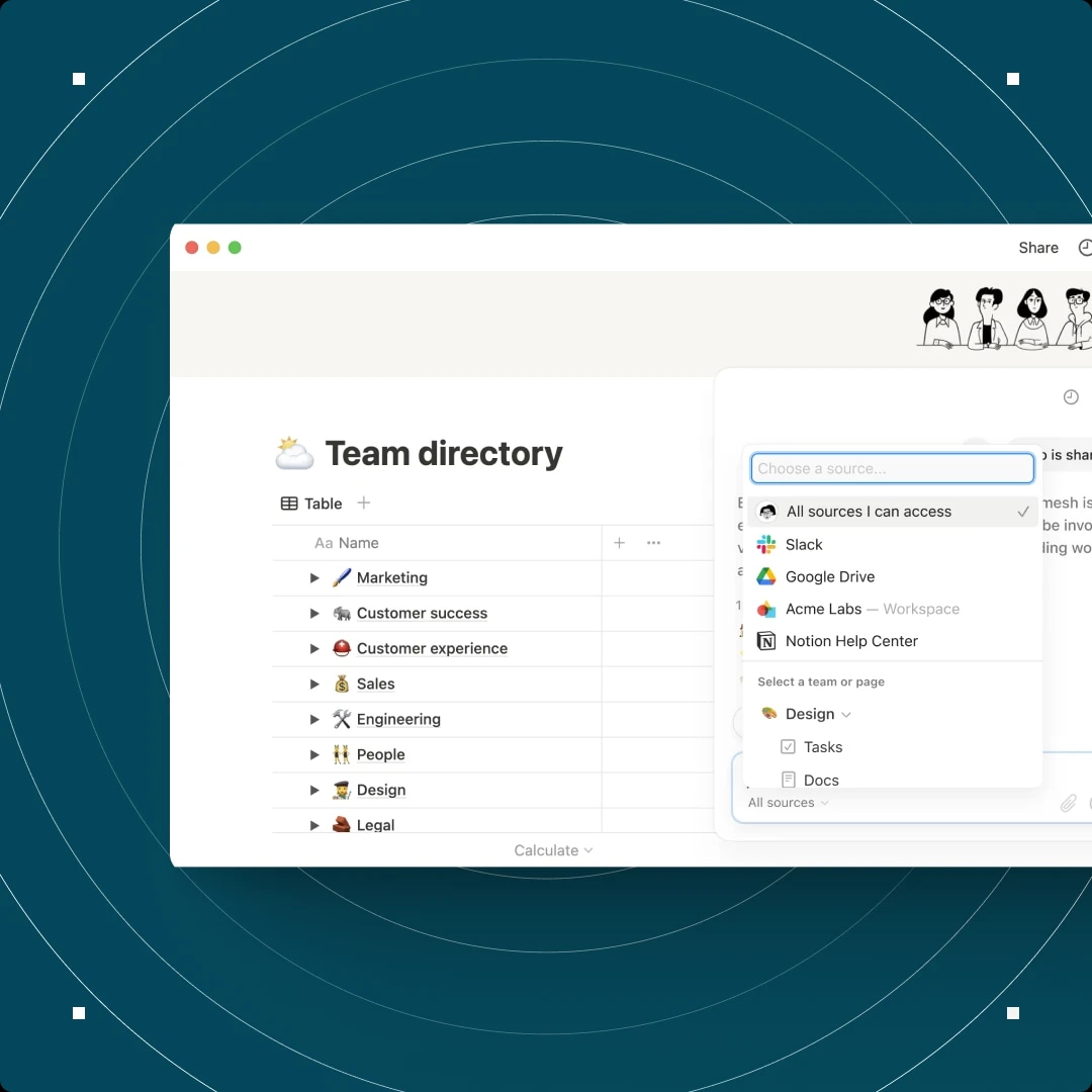 Screenshot of a team directory in a workspace app with a dropdown menu for selecting data sources.