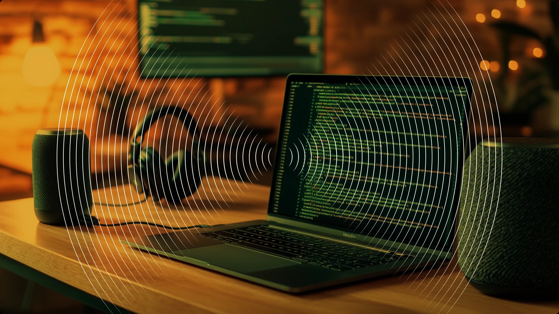 A laptop with code on the screen, a pair of headphones, and a smart speaker on a wooden desk, with digital sound wave graphics overlayed.