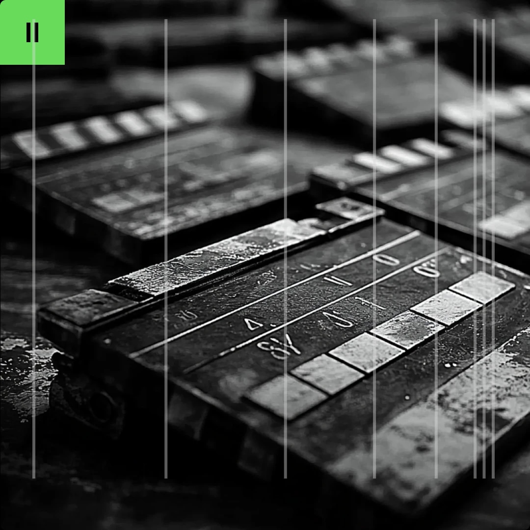 Close-up of a wet, black-and-white film slate with visible numbers and markings.