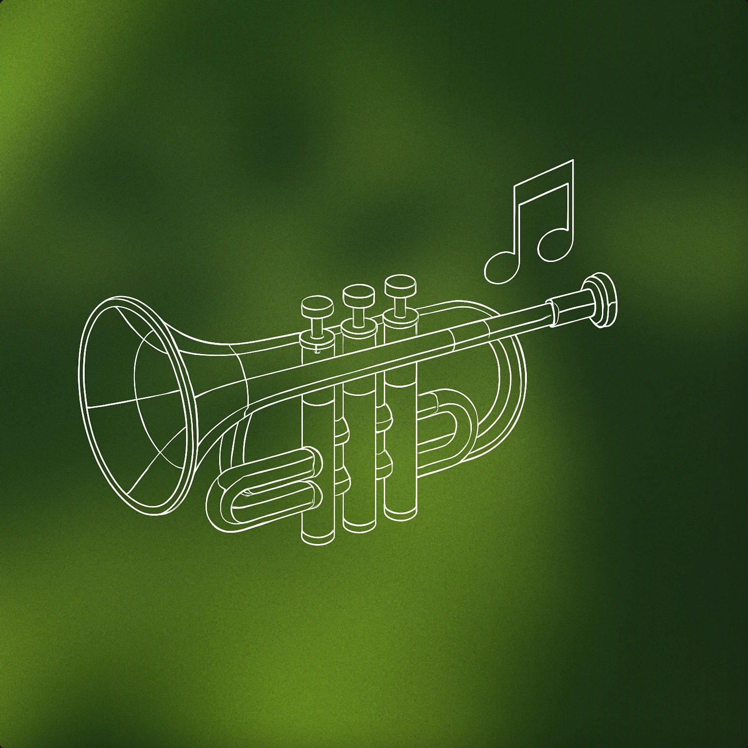Cover of a stylized trumpet with a flared bell and a single musical note emerging from it for Fanfare sound effects