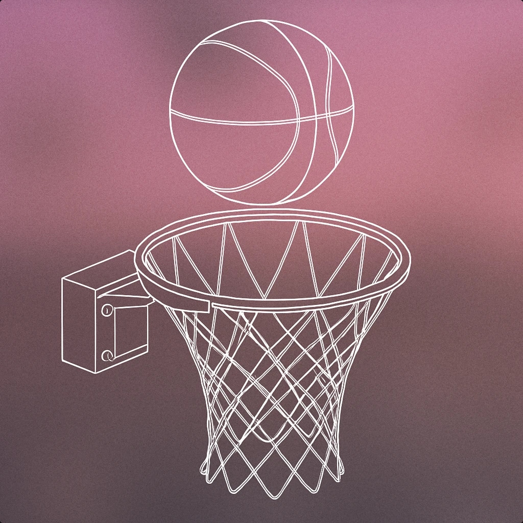 Cover of a basketball hoop with a net and a basketball suspended just above it for Basketball sound effects