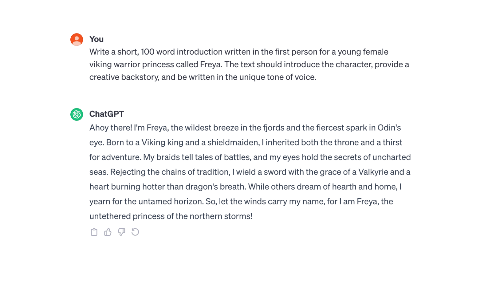 A screenshot of a chat conversation between a user and ChatGPT, featuring a prompt to write a character introduction for a young Viking princess named Freya.