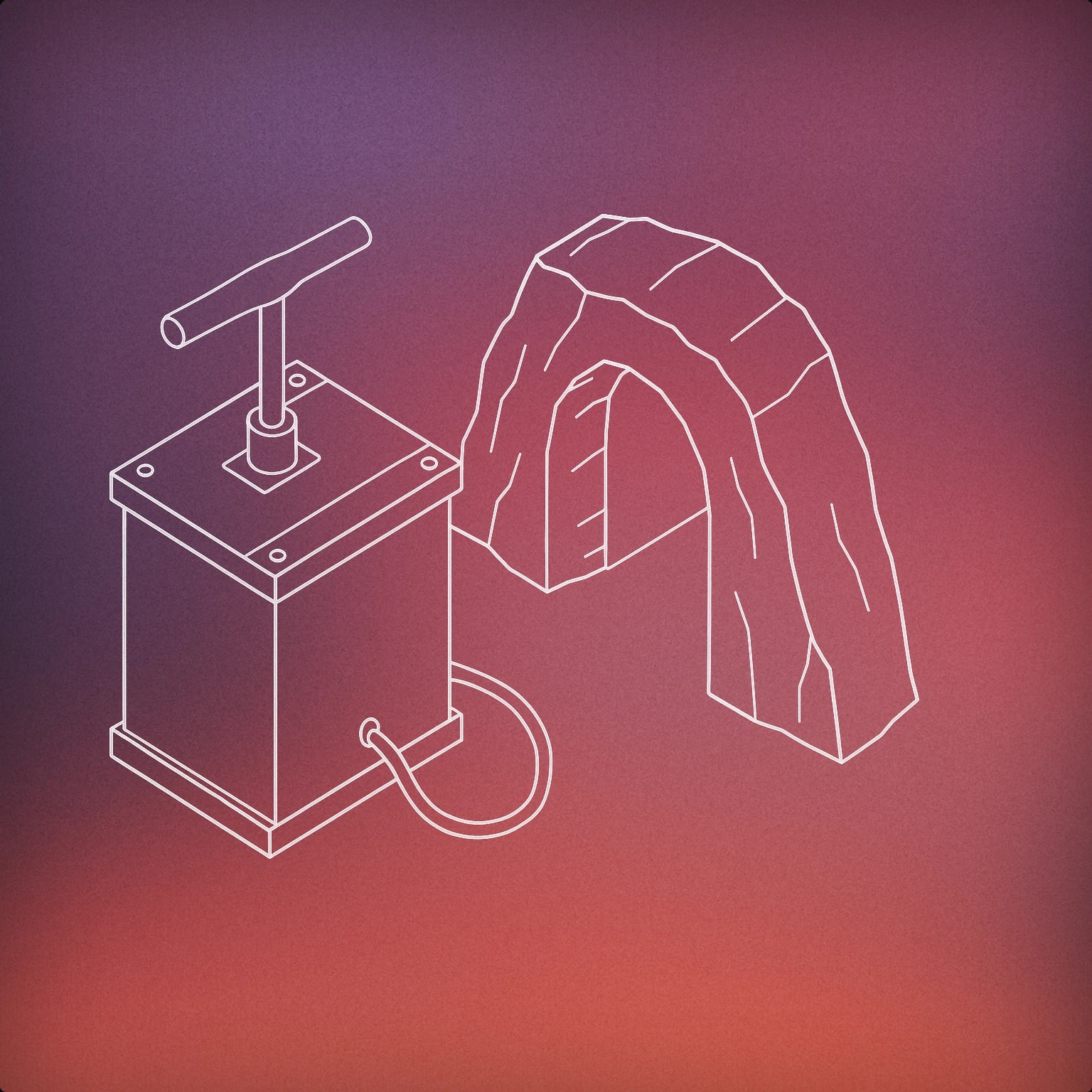 Cover of A stylized dynamite detonator box with a plunger handle partially pressed down, placed next to a simple tunnel entrance carved into a rock face for Mine sound effects