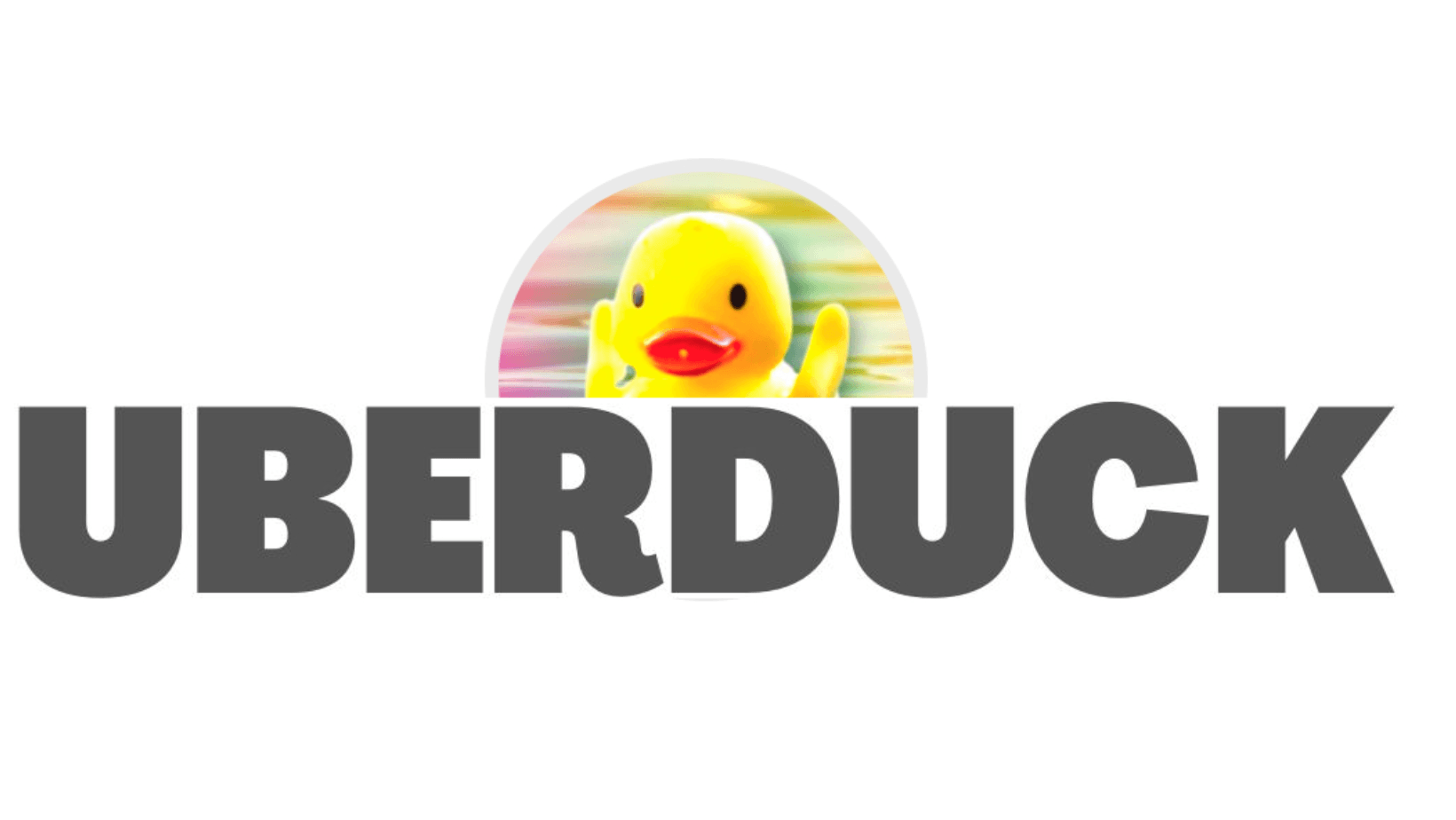 A yellow rubber duck with a red beak, partially submerged in water, above the bold text "UBERDUCK".