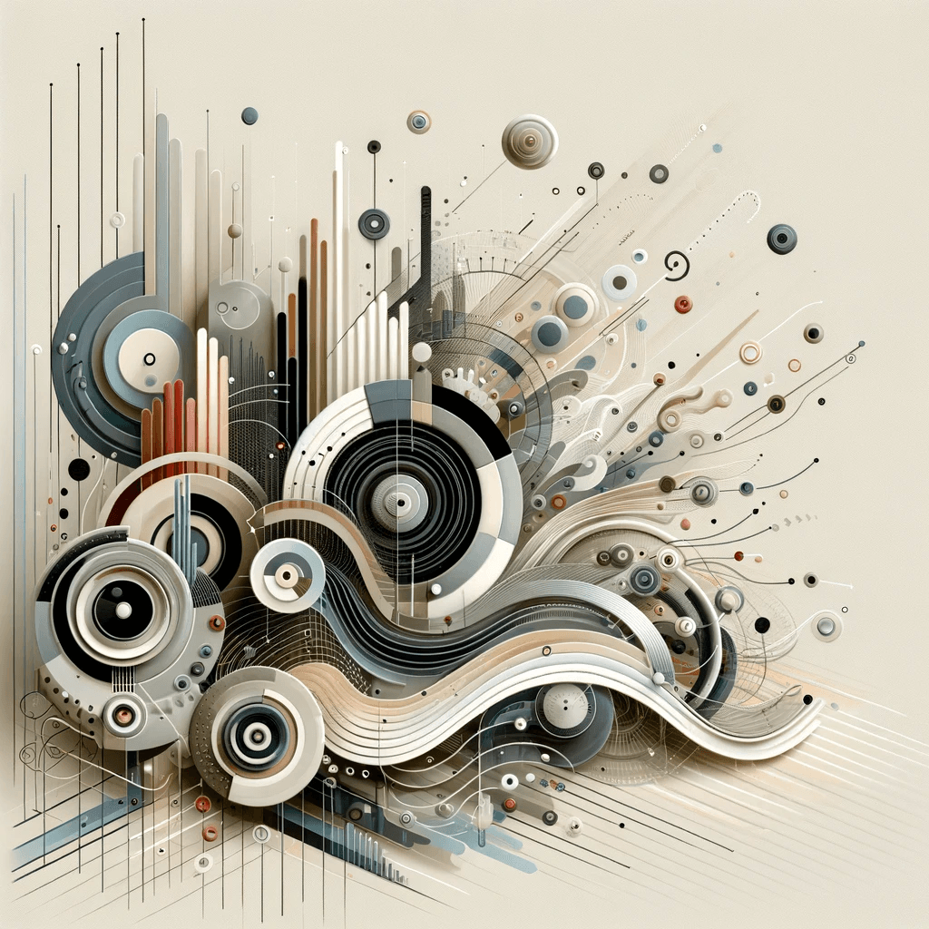 Abstract geometric design with circles, lines, and curves in neutral tones.