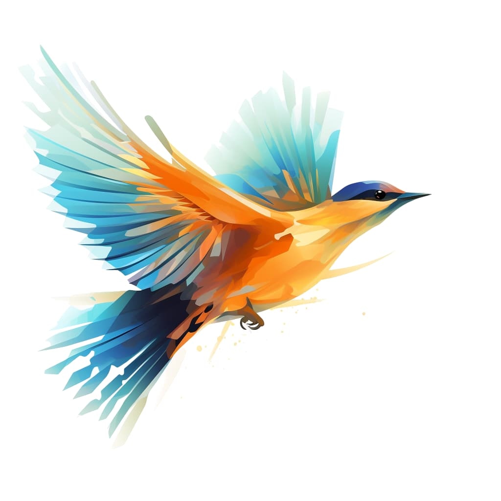 Digital illustration of a colorful bird in flight with vibrant orange, blue, and teal feathers.