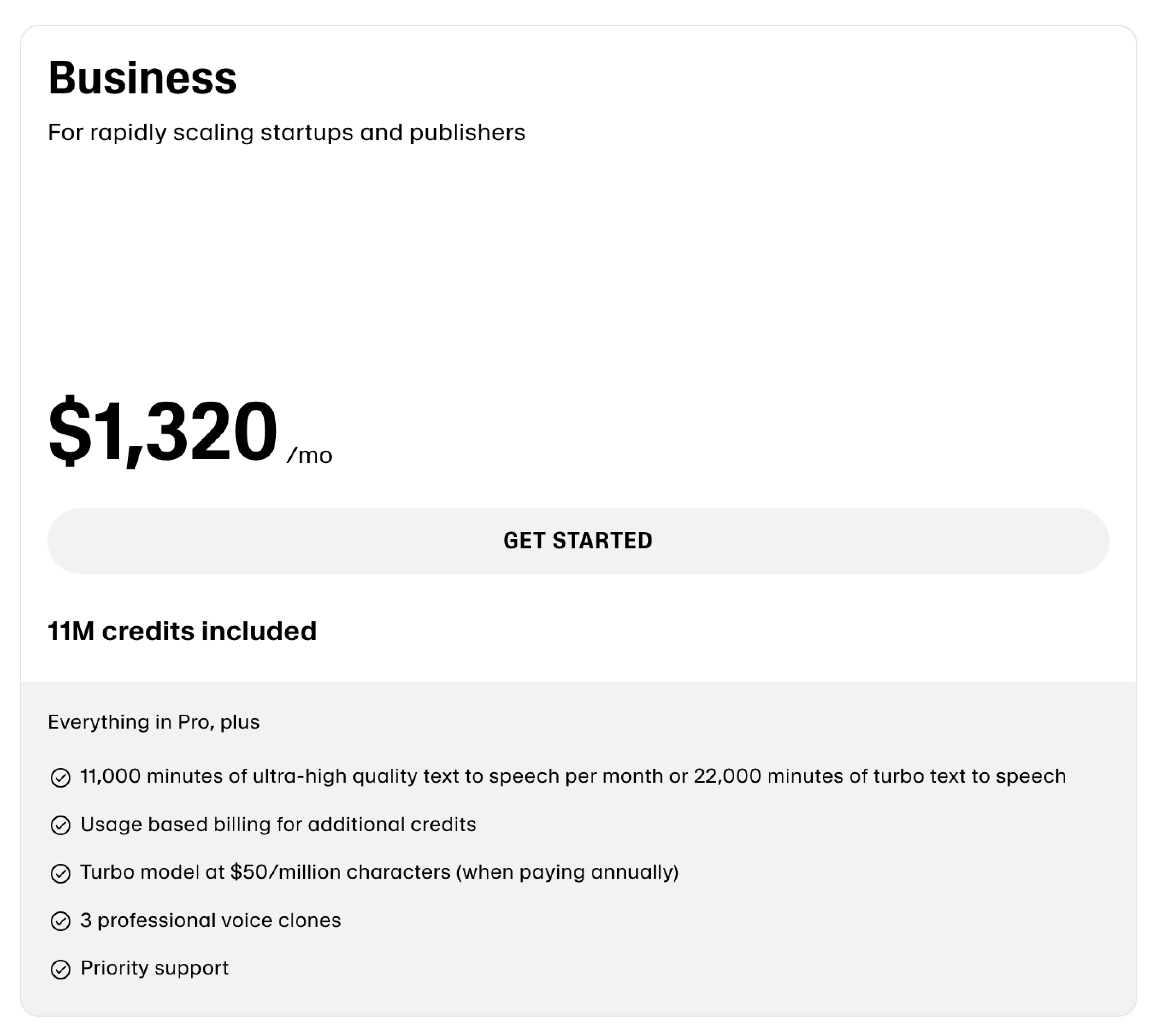 Pricing plan for business startup and publishing services, $1,320 per month.