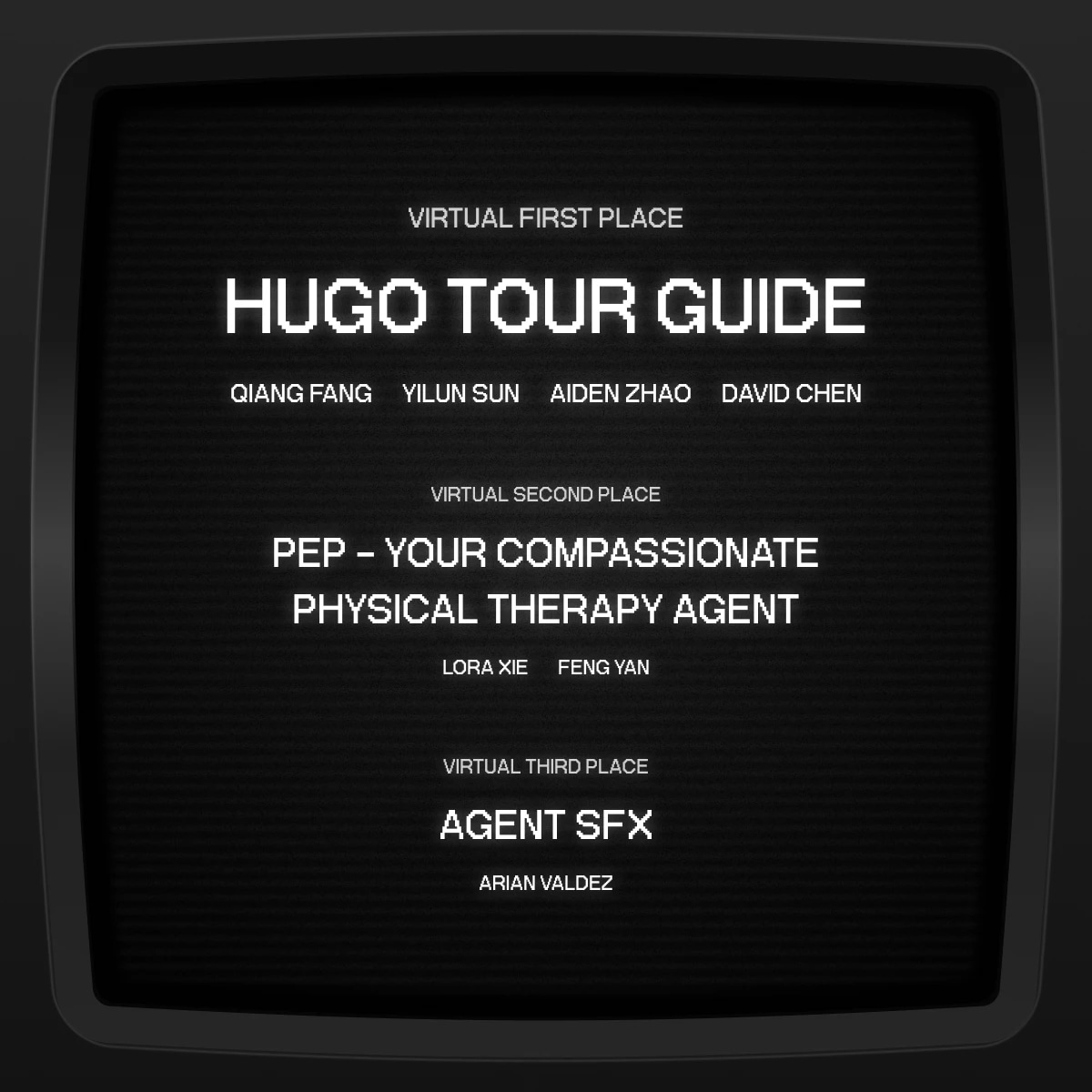 Screen displaying virtual awards for Hugo Tour Guide, Physical Therapy Agent, and Agent SFX.