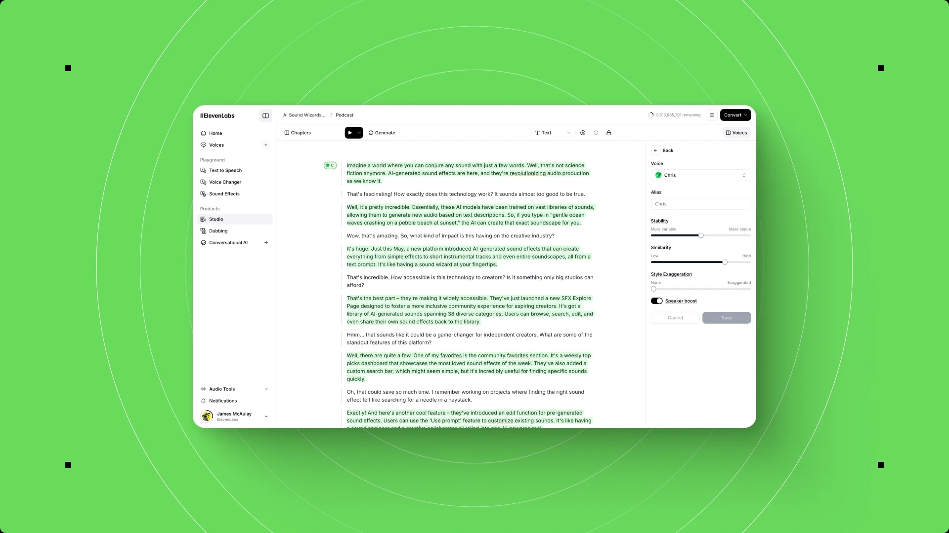 Screenshot of a text editing software with highlighted green text on a white background, set against a green radial gradient background.