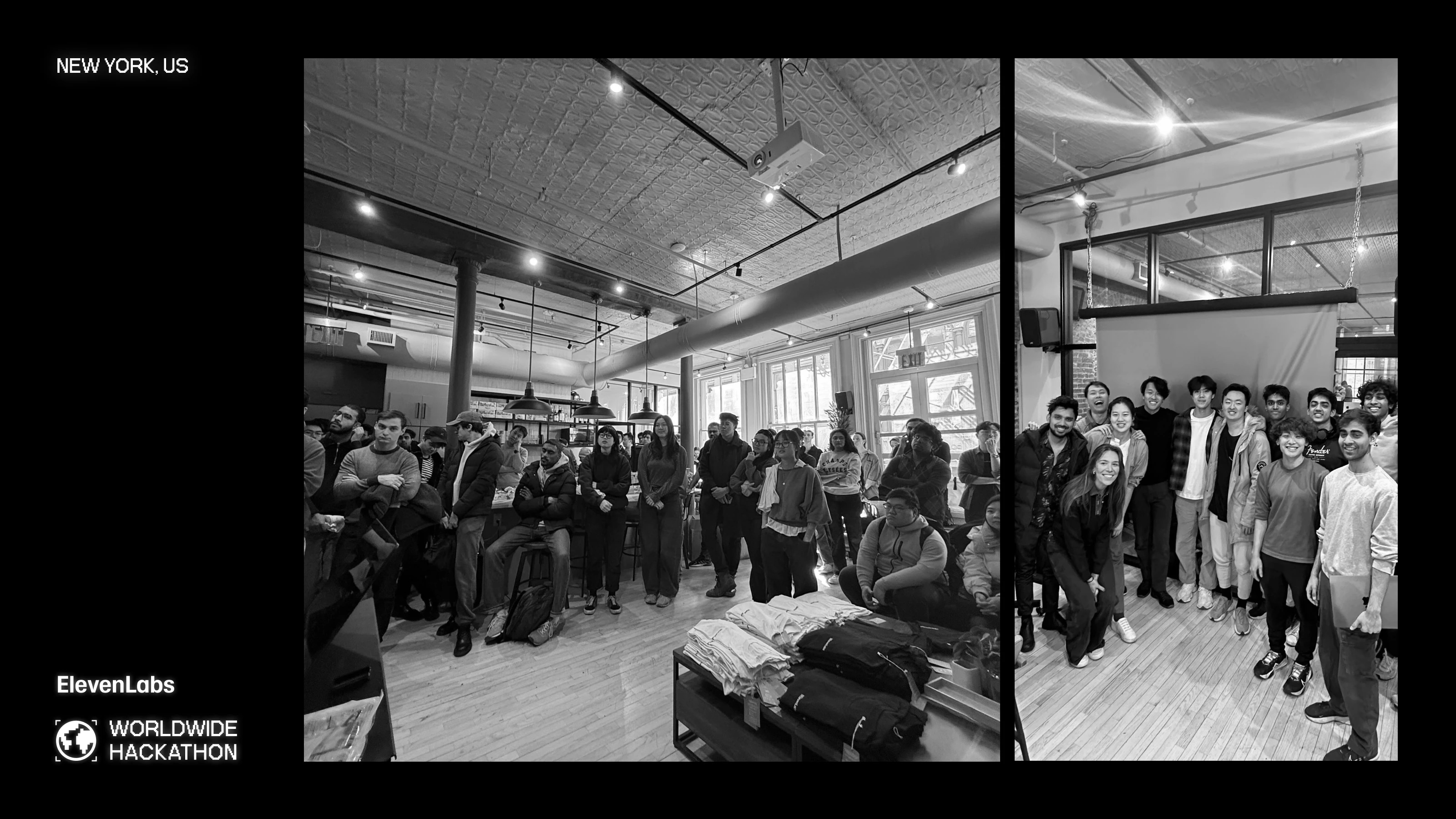 A group of people gathered indoors, some standing and some sitting, with a second group posing for a photo in front of a backdrop.
