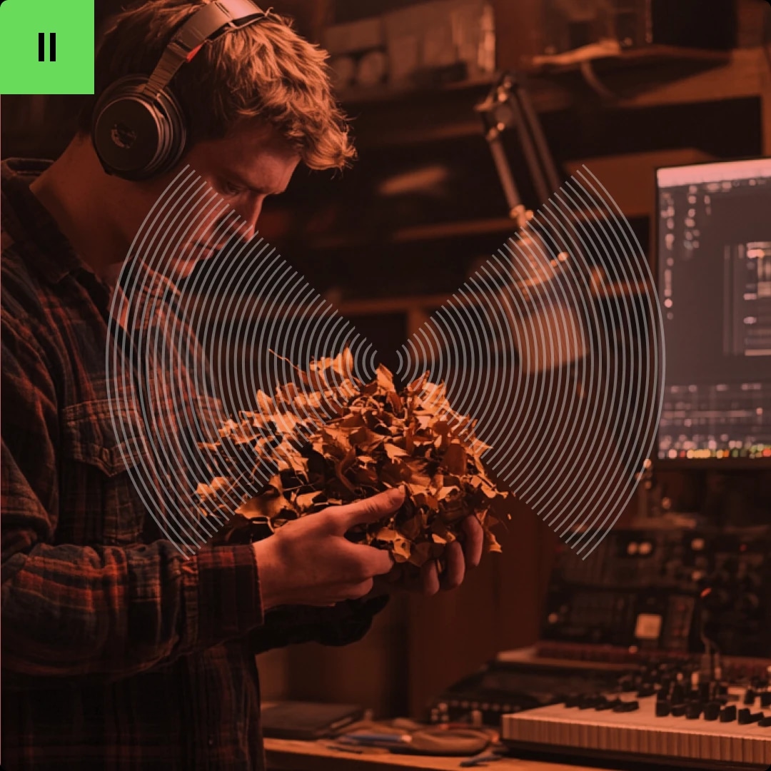 A person wearing headphones holding a pile of dried leaves in a dimly lit room with audio equipment and a computer screen in the background.