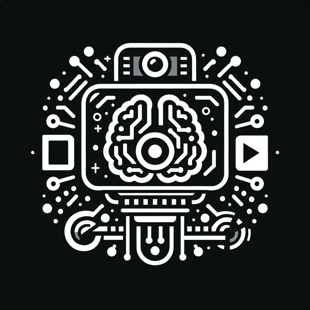 A stylized robot with a brain on its screen, surrounded by various icons and circuitry elements.