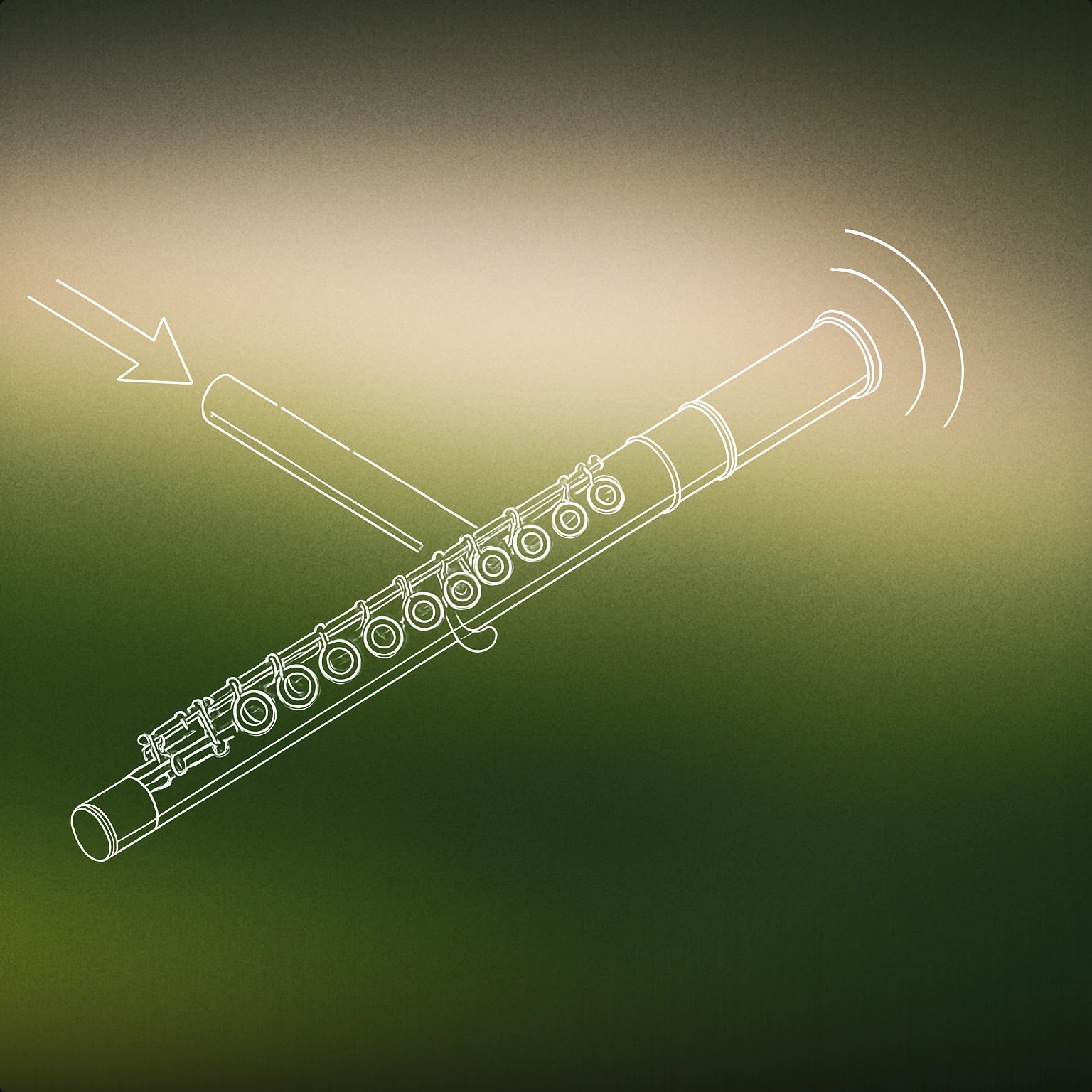 Cover of a single flute with a visible air stream entering one end and sound waves emerging from the other for Blow sound effects