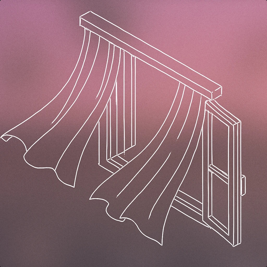 Cover of an open window with flowing curtains gently billowing outward for Wind Sound sound effects