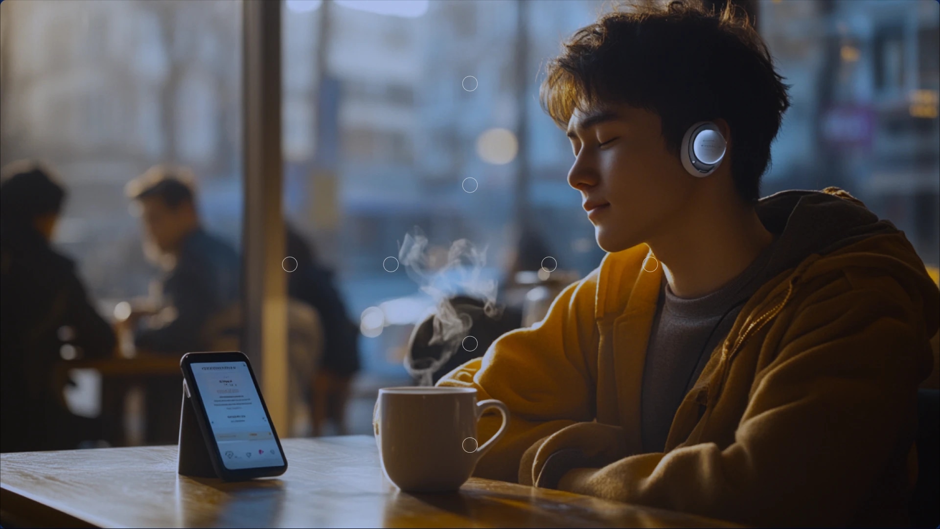 A young man with headphones sitting at a table in a cafe, smiling with eyes closed, with a steaming mug and a smartphone on the table.
