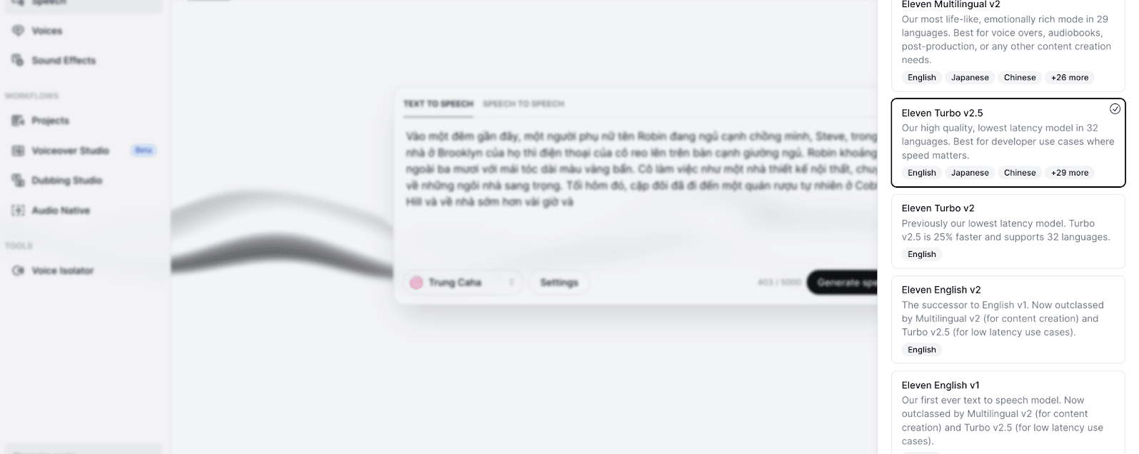 Screenshot of a software interface showing options for voice models, including Eleven Multilingual v2, Eleven Turbo v2.5, Eleven Turbo v2, Eleven English v2, and Eleven English v1, with descriptions and language options.