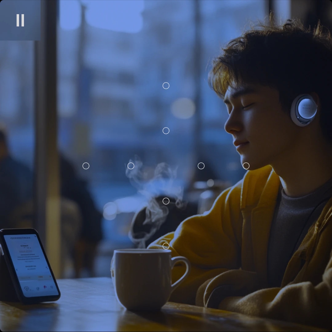 Young man with headphones enjoying coffee in a cafe, looking at his phone.