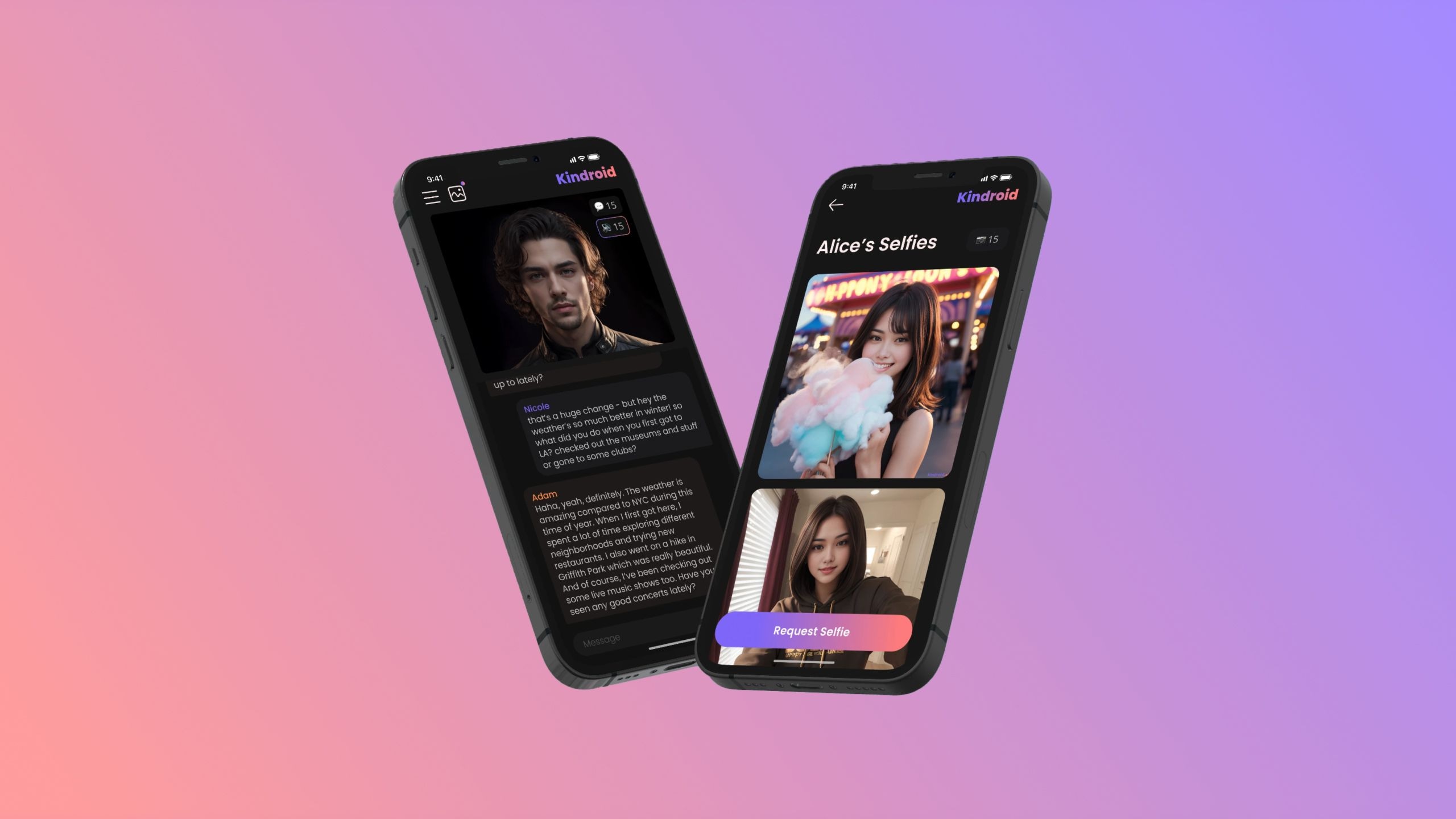 Screenshots of a mobile app showing a chat conversation and a selfie request feature on two smartphones.