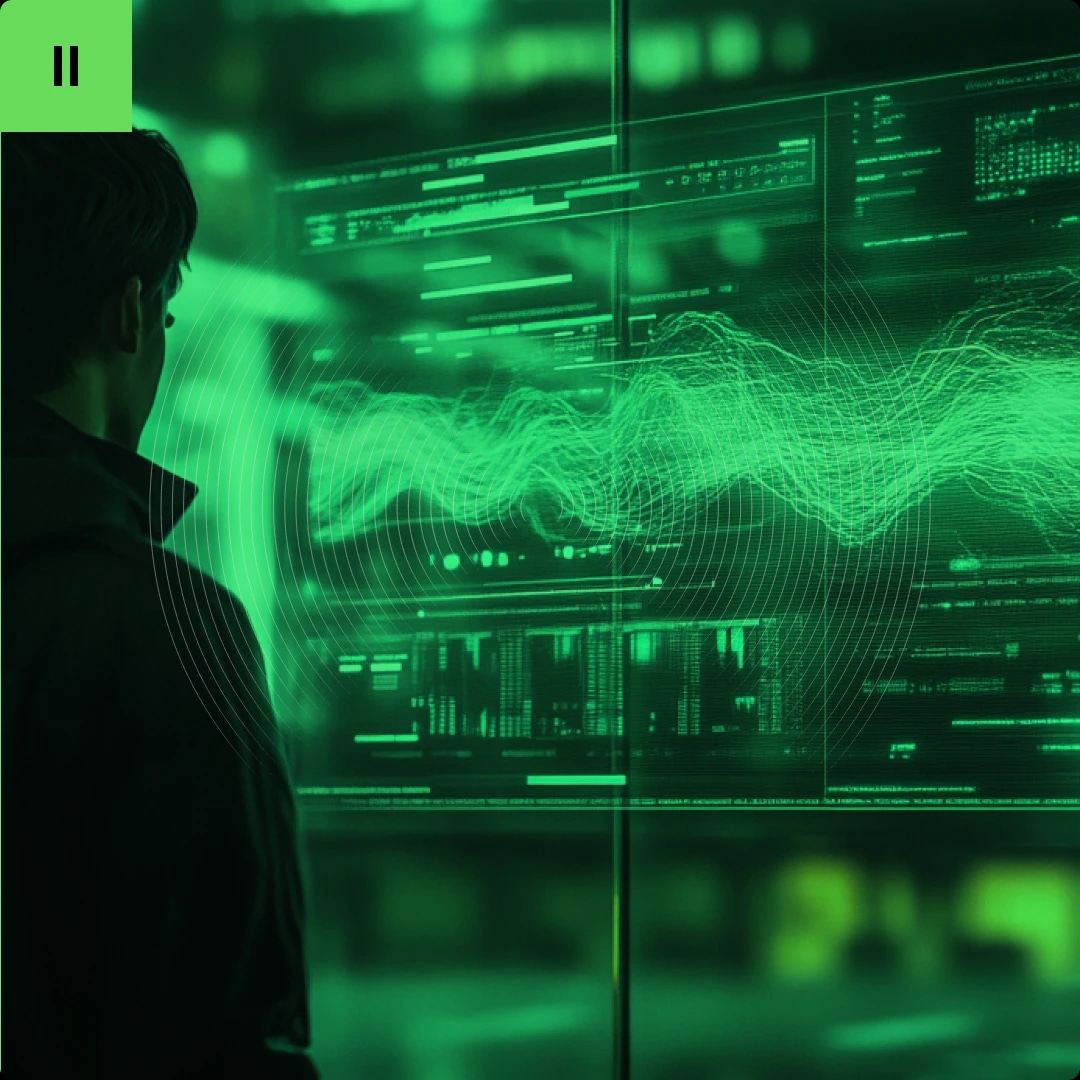 A person looking at a large digital screen displaying green data, graphs, and waveforms.