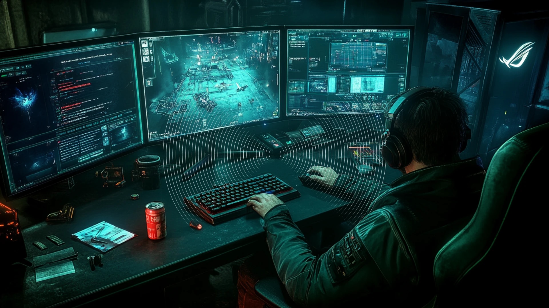 A person wearing headphones working at a desk with multiple monitors displaying a futuristic digital interface and a cityscape.
