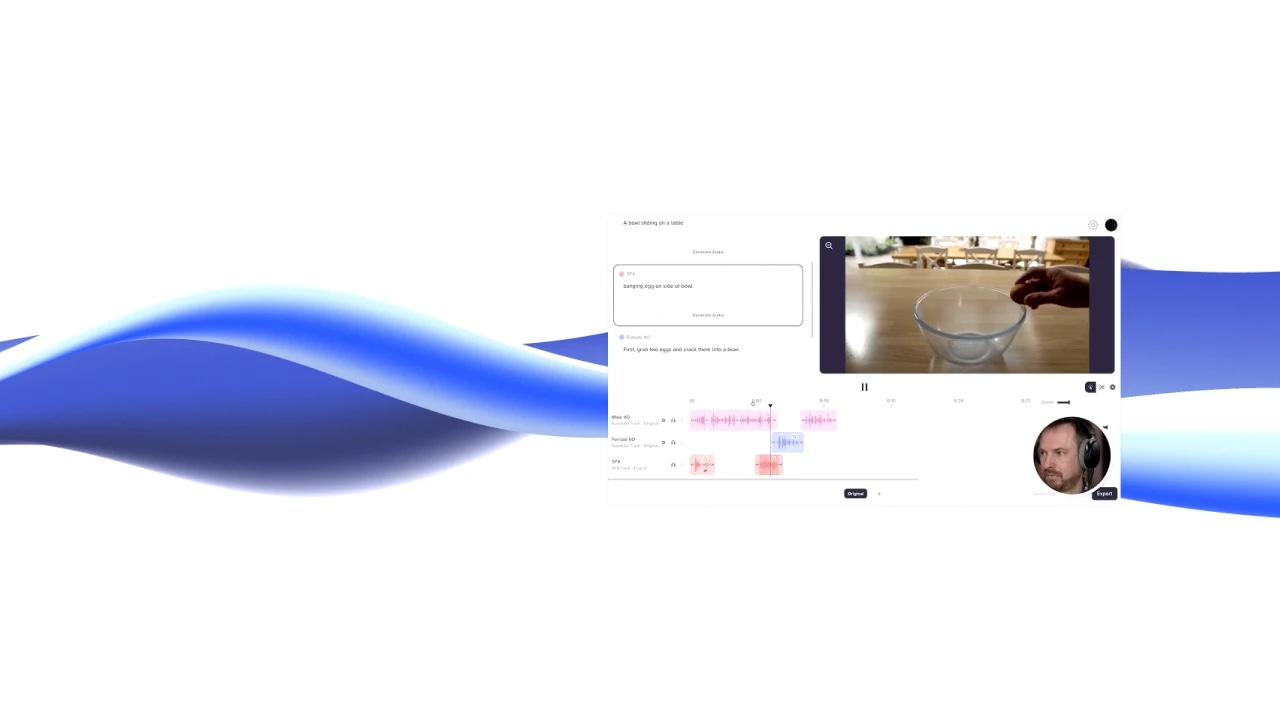 A computer screen displaying a video editing or transcription interface with a video of a hand holding a glass bowl, a waveform, and a small circular profile picture of a person wearing headphones.