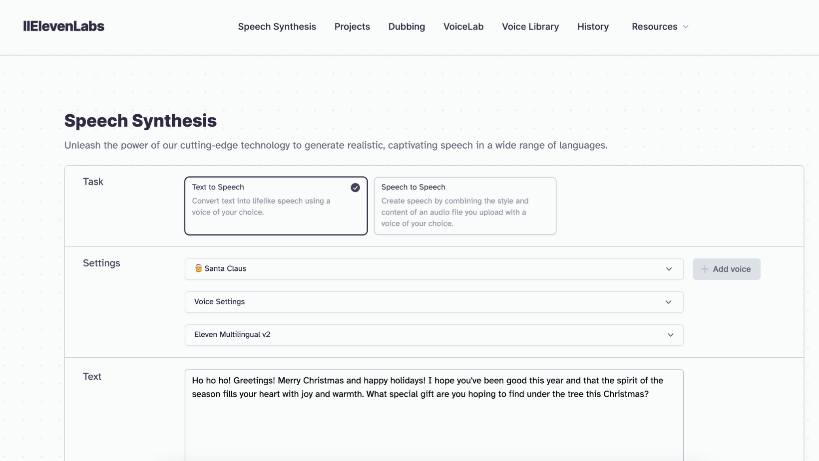 Screenshot of the ElevenLabs Speech Synthesis webpage with options for text-to-speech, voice settings, and a Christmas greeting message.