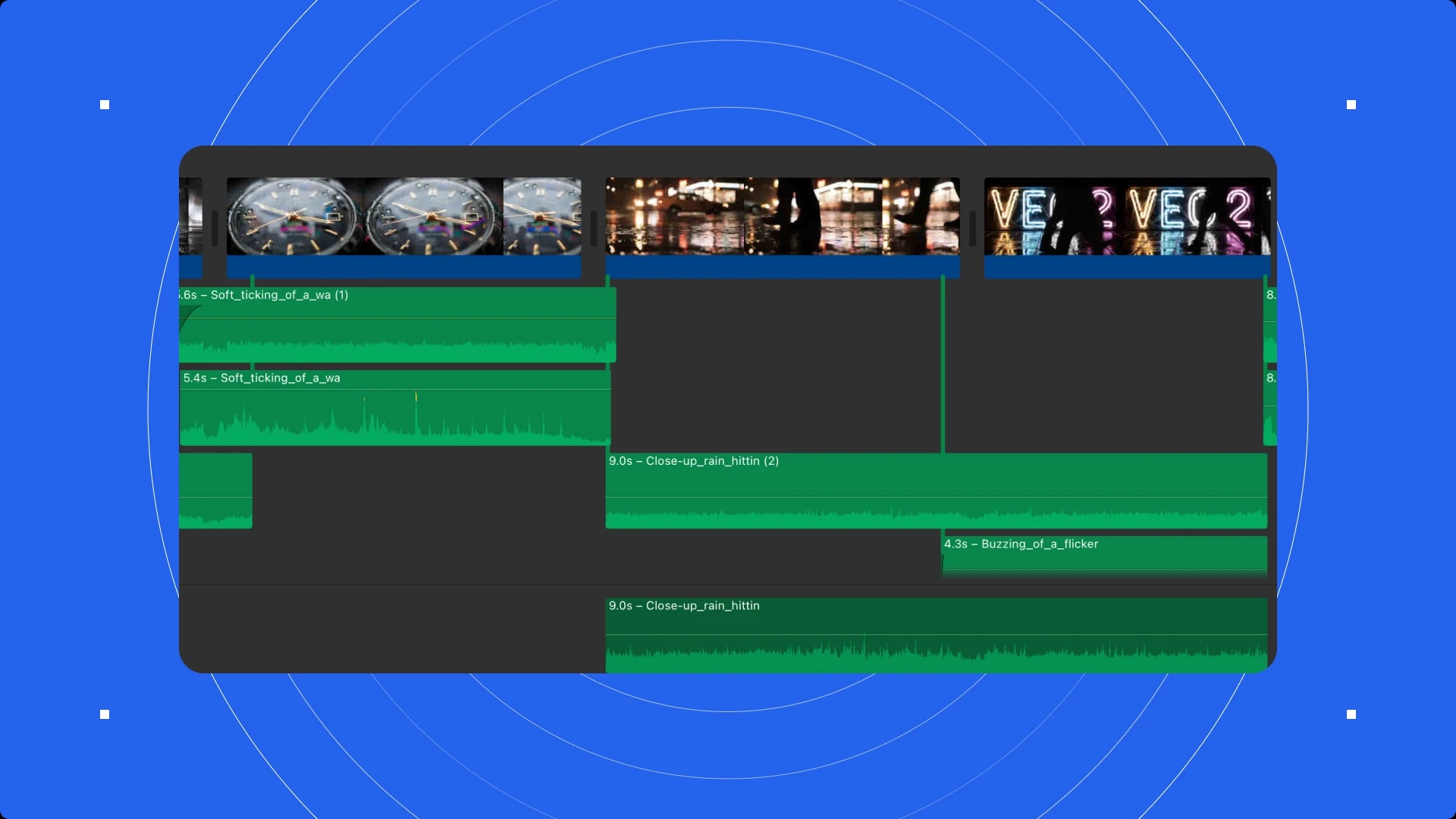 Screenshot of a video editing timeline with clips, audio tracks, and visual effects on a blue background.