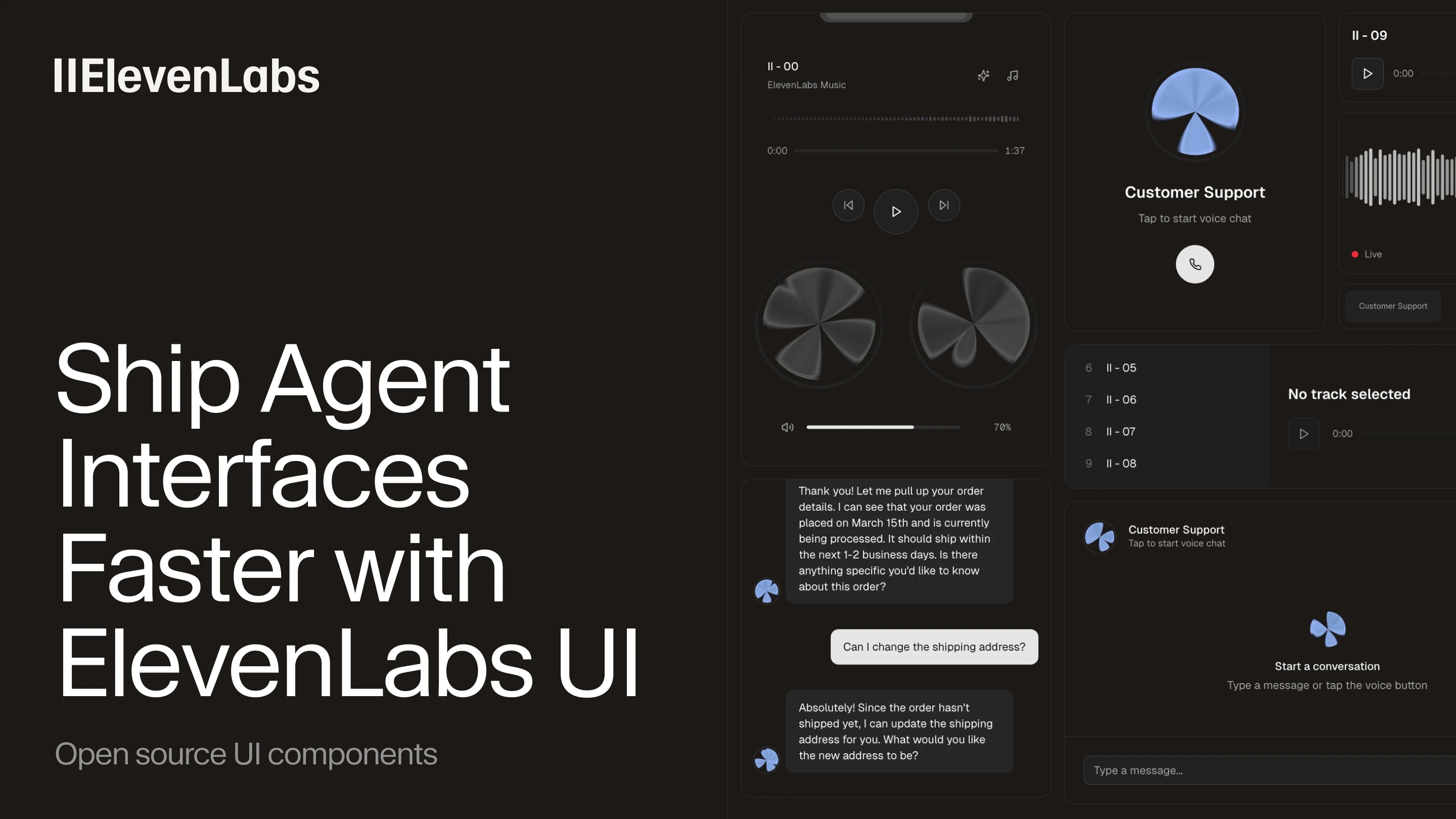 A bento grid of ui components with the text "Ship agent interfaces faster with ElevenLabs UI"