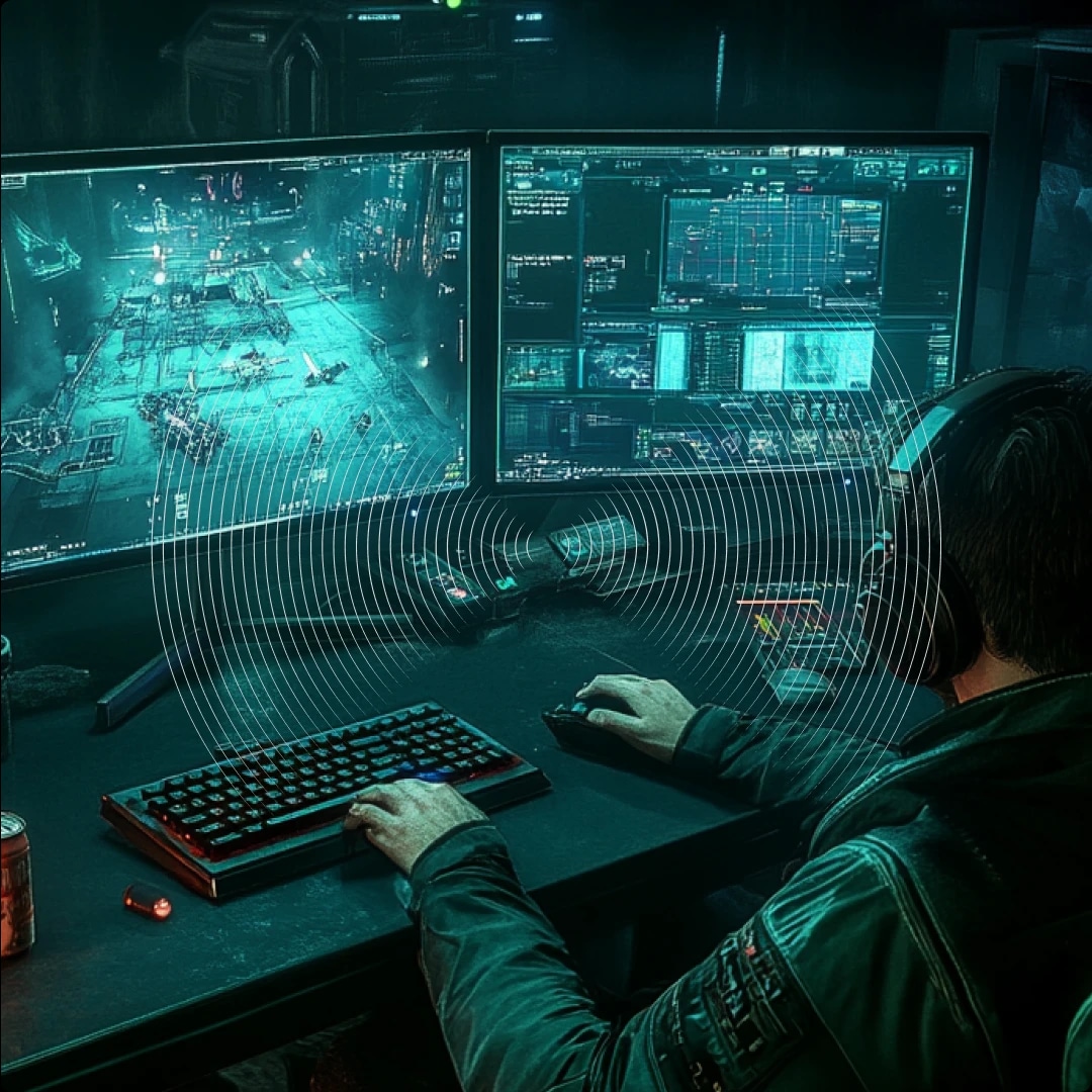 A person working at a desk with two large monitors displaying cybersecurity or hacking interfaces, wearing headphones.