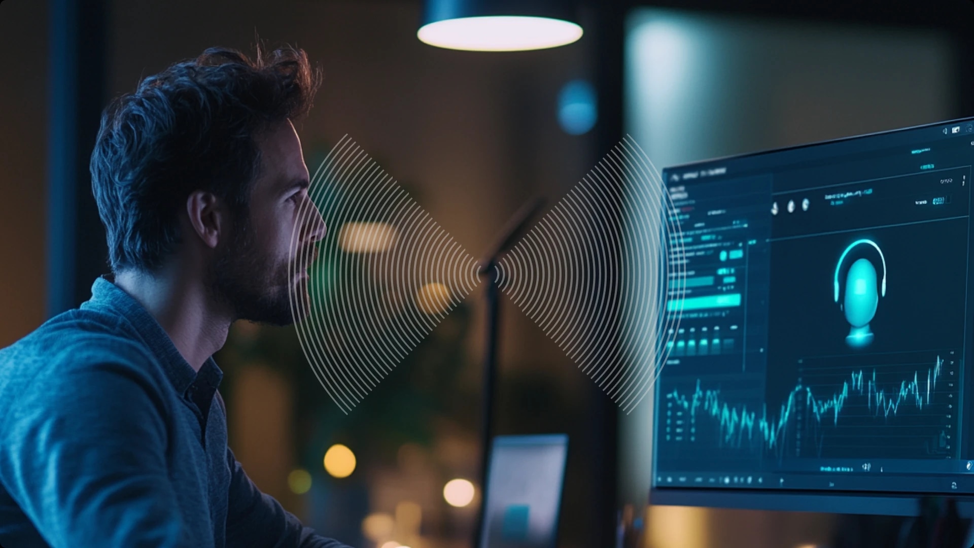 A man working on a computer with audio waveforms and a headphone icon on the screen, in a dimly lit room.