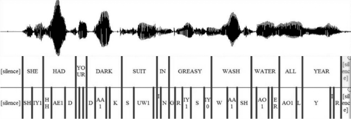Audio waveform with a corresponding speech transcription in a visual format.
