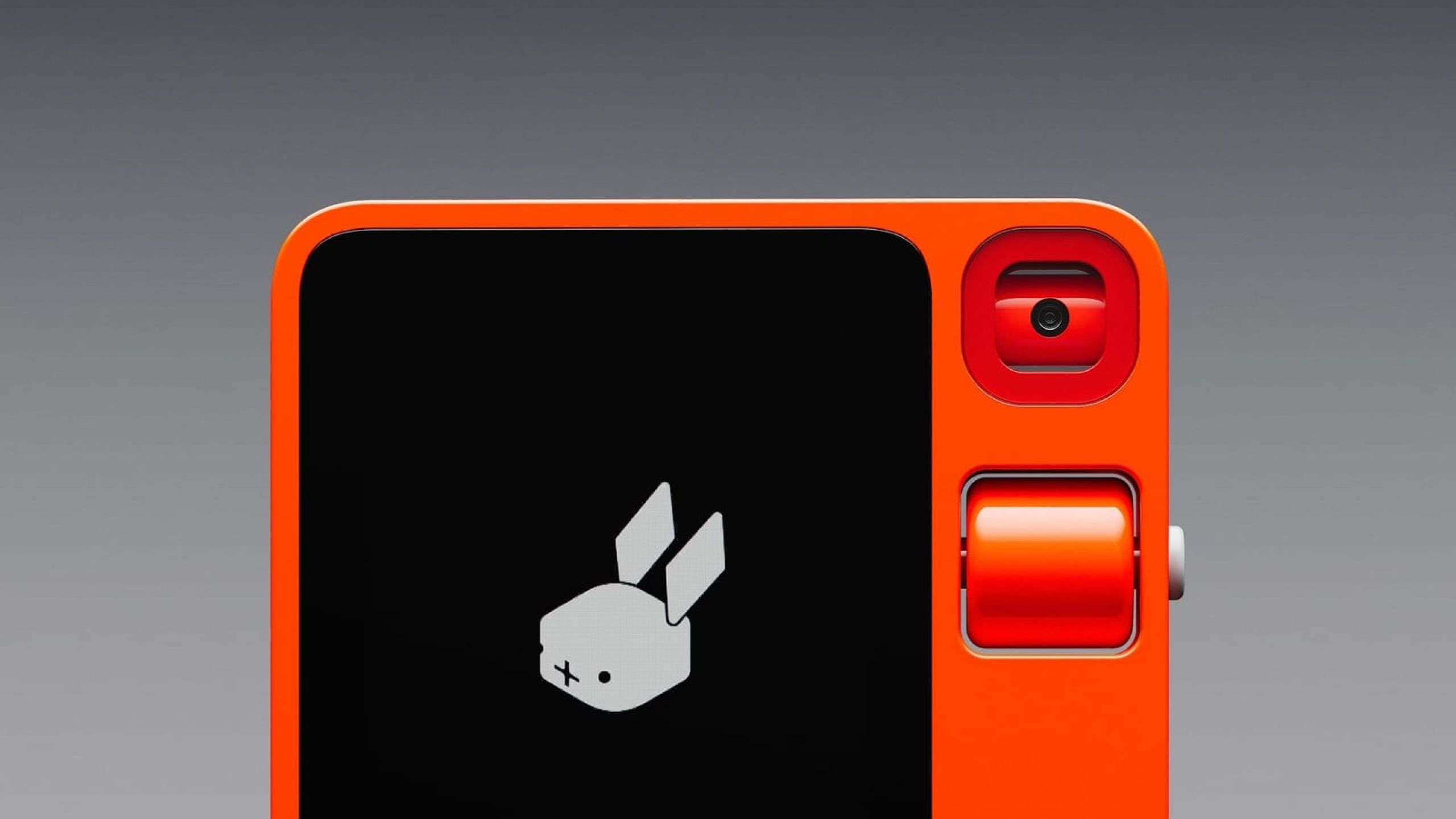 Close-up of a red camera on a device with a black screen displaying a white rabbit illustration.