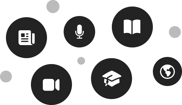 Icons representing communication, recording, reading, video, education, and global connection.