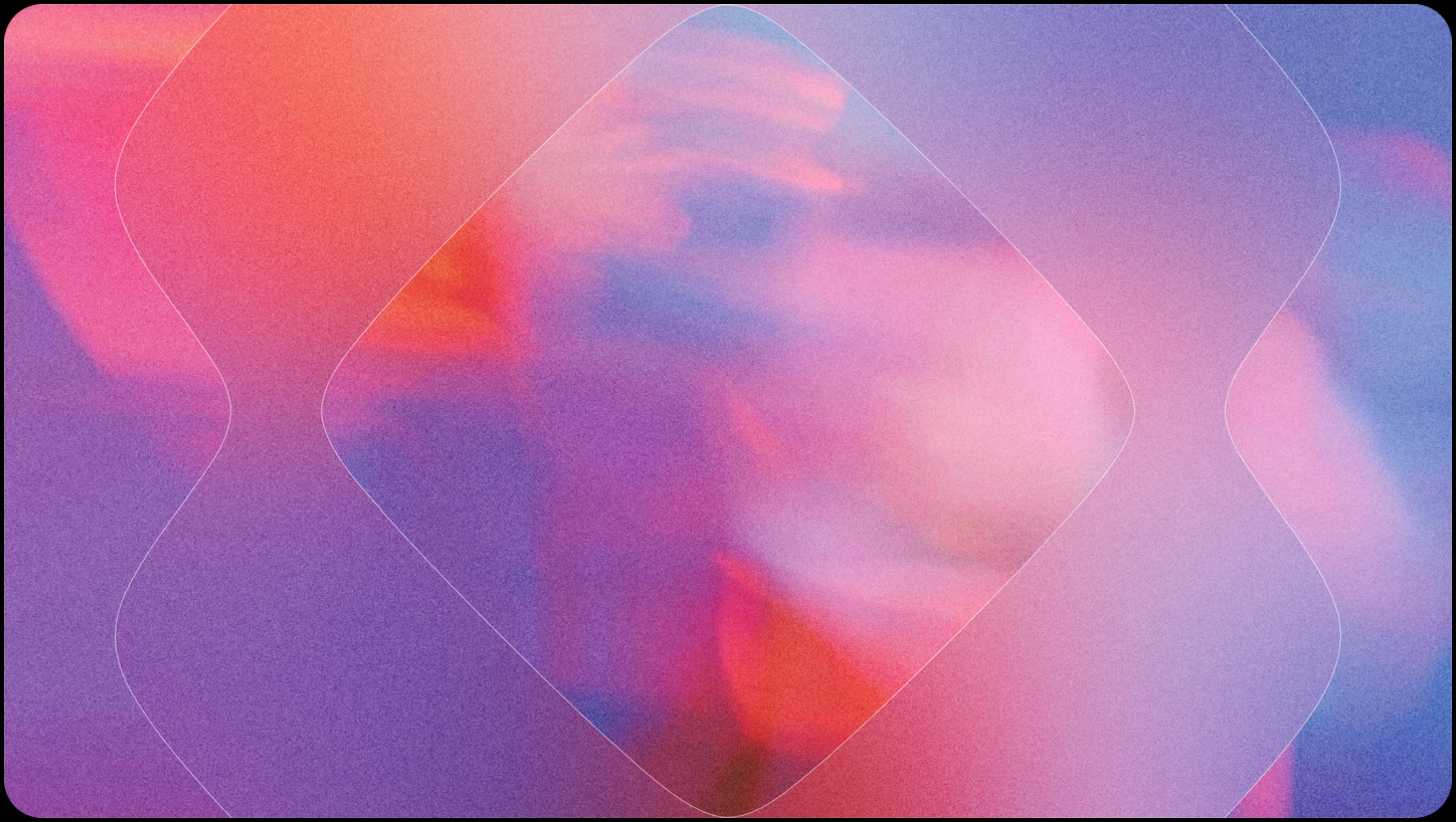 A layered, abstract composition of nested rounded squares radiating outward from a warm orange-red center, bleeding into vibrant pinks, purples, and blues at the edges, with a prismatic light flare on the left side giving it an iridescent, holographic feel.