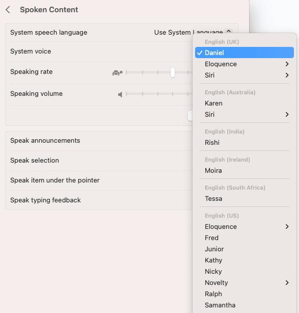 Dropdown menu showing voice options for speech settings, with "Daniel" selected.