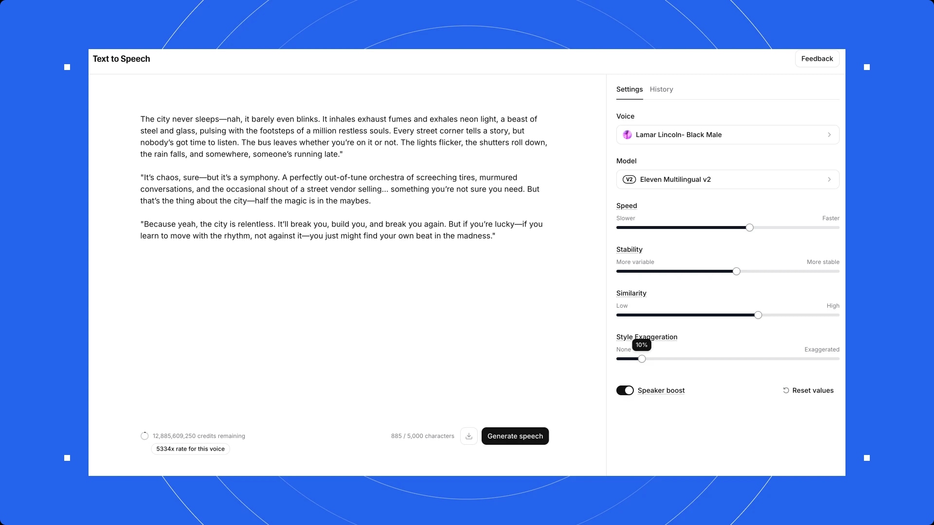 Screenshot of a text-to-speech software interface with a paragraph of text and various settings on the right side.
