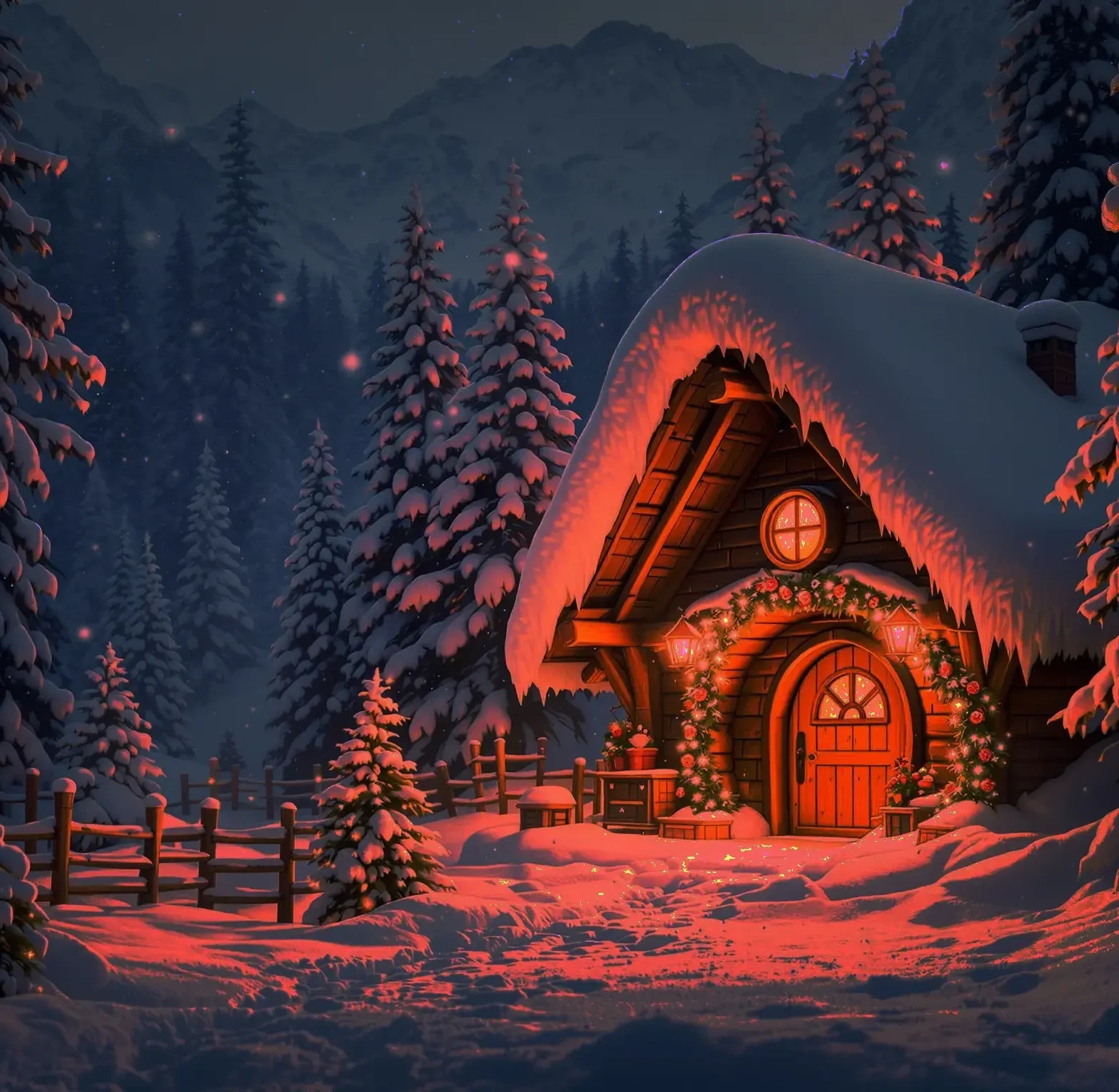 A cozy snow-covered cabin decorated with Christmas lights and surrounded by snow-laden trees at night.