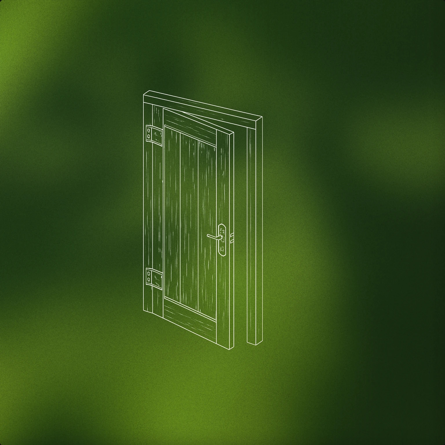 Cover of old wooden door slightly ajar with a visible hinge for Creak sound effects