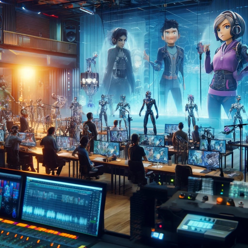 A control room with multiple monitors and engineers working, overlooking a large stage with holographic characters and robots.