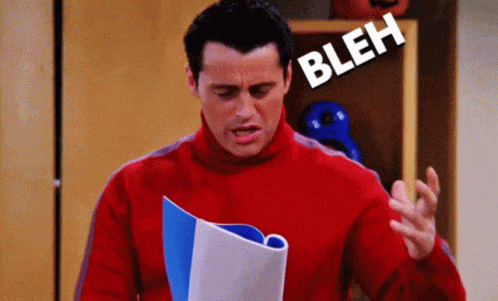 A man in a red sweater looks confused while holding papers, with the word "BLEH" above his head.