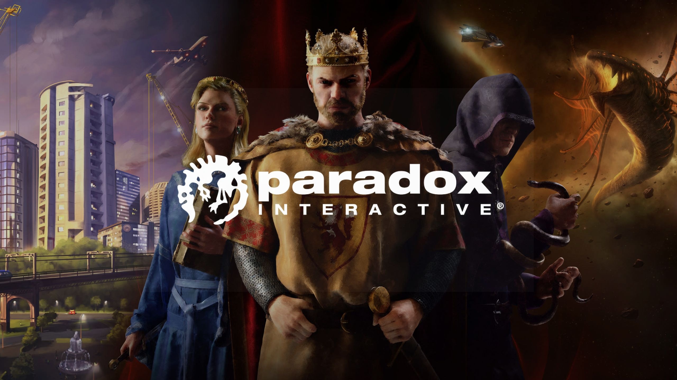 Paradox Interactive logo overlaid on a fantasy and sci-fi themed background featuring a king, a woman, a hooded figure, and a dragon.
