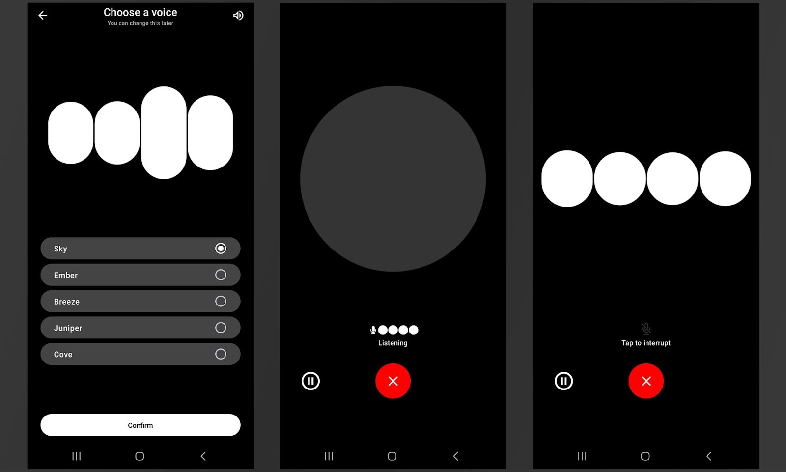 Screenshots of a voice selection and calling interface on a mobile device, showing options to choose a voice, a calling screen with a large circle, and a call in progress with options to pause or end the call.