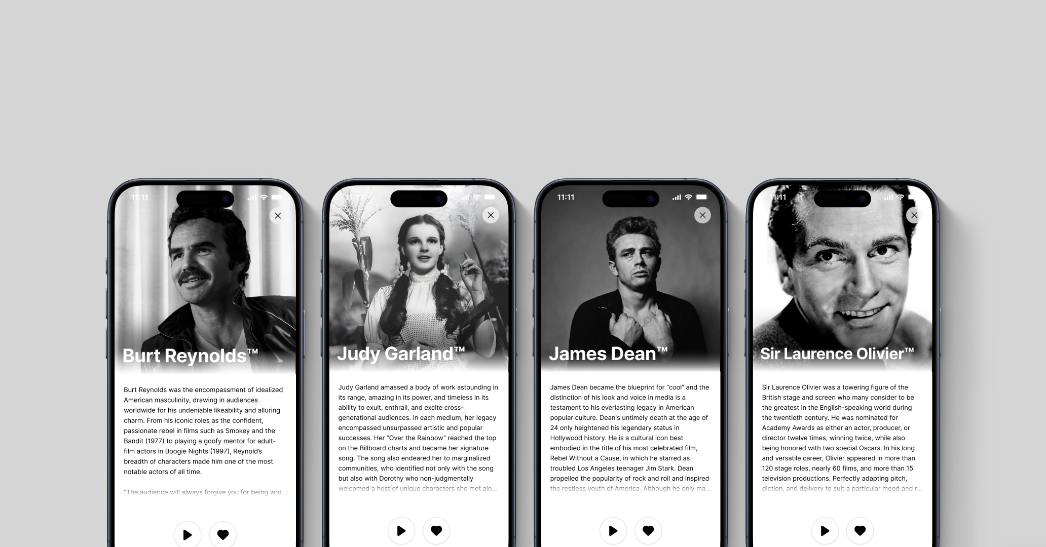 Screenshots of four black-and-white profile pages of famous actors on a mobile app, each with a photo, name, and biography.