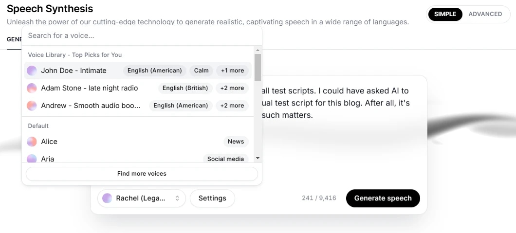 Screenshot of a speech synthesis web interface with a voice selection menu open, showing options like John Doe - Intimate, Adam Stone - late night radio, and Andrew - Smooth audio boo.