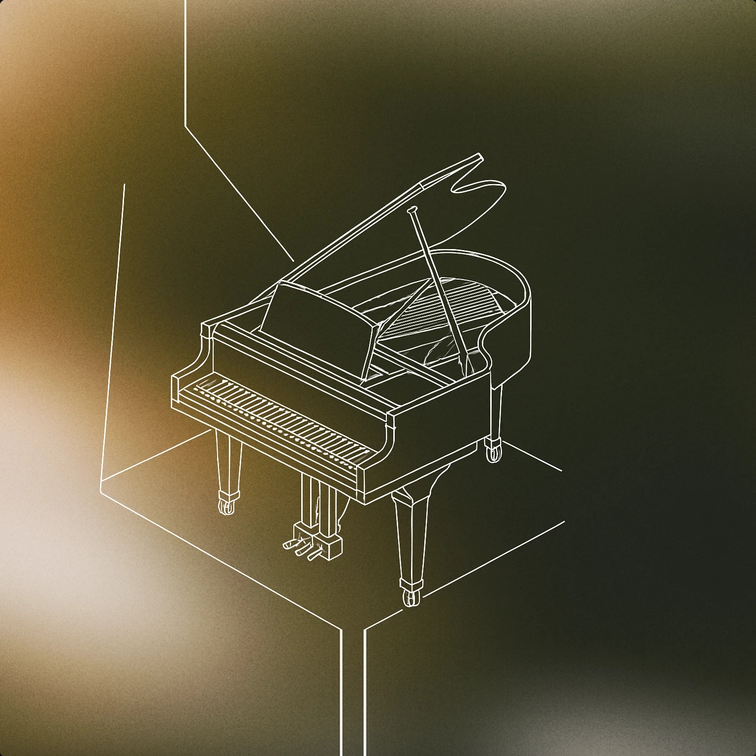 Cover of a grand piano with its lid open and a single spotlight shining down on it for Dramatic Music sound effects