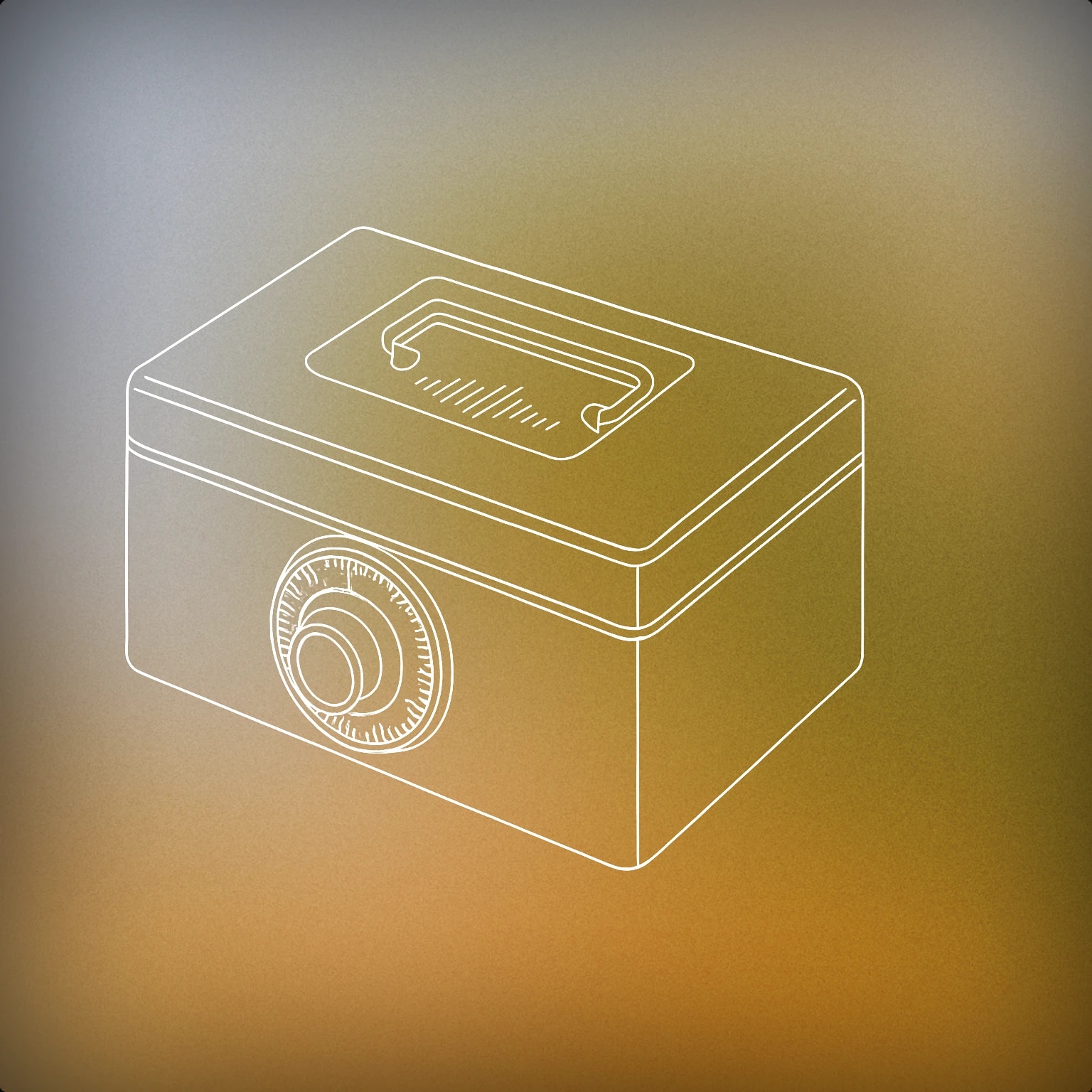 Cover of A closed rectangular cash box with a prominent circular combination lock on the front and a subtle soundwave pattern engraved on the lid for Cash Box sound effects