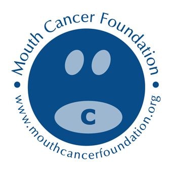 Logo of the Mouth Cancer Foundation featuring a stylized face with two eyes and a mouth, with the website URL around the circle.