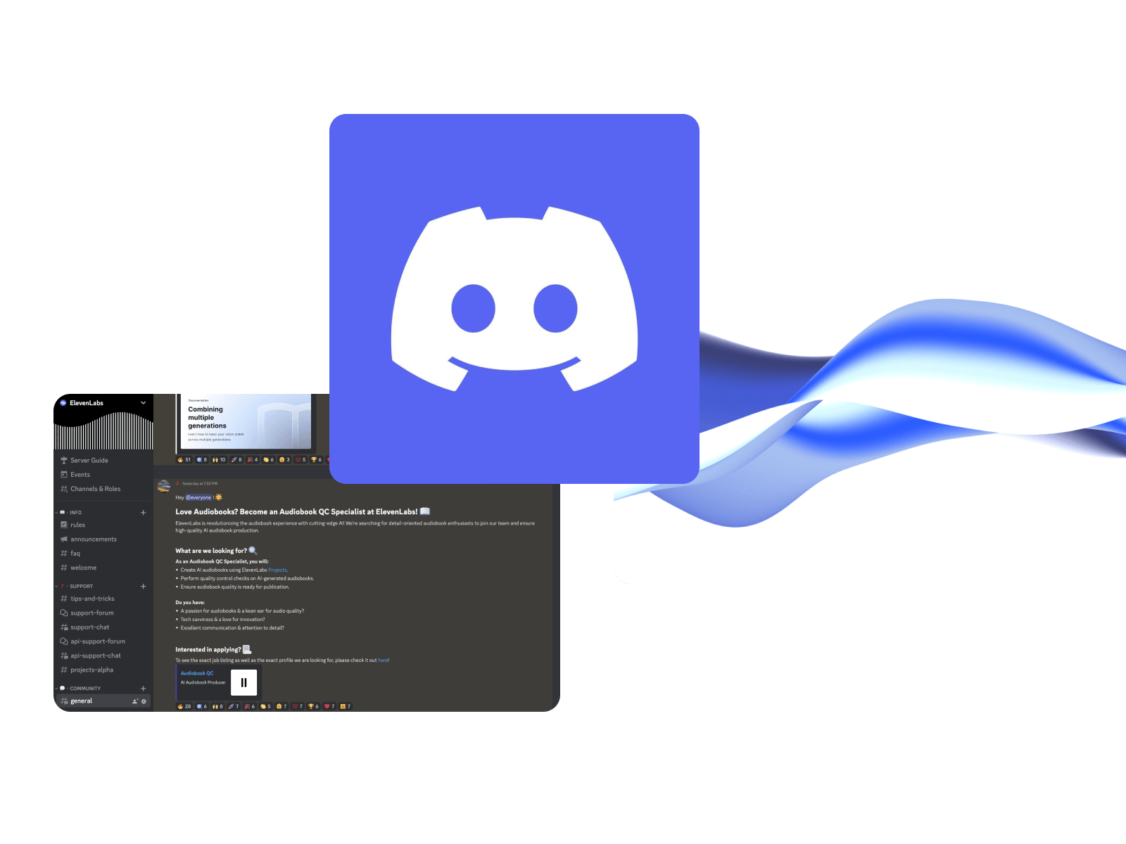 Discord logo over a background of a computer screen with a Discord server interface.