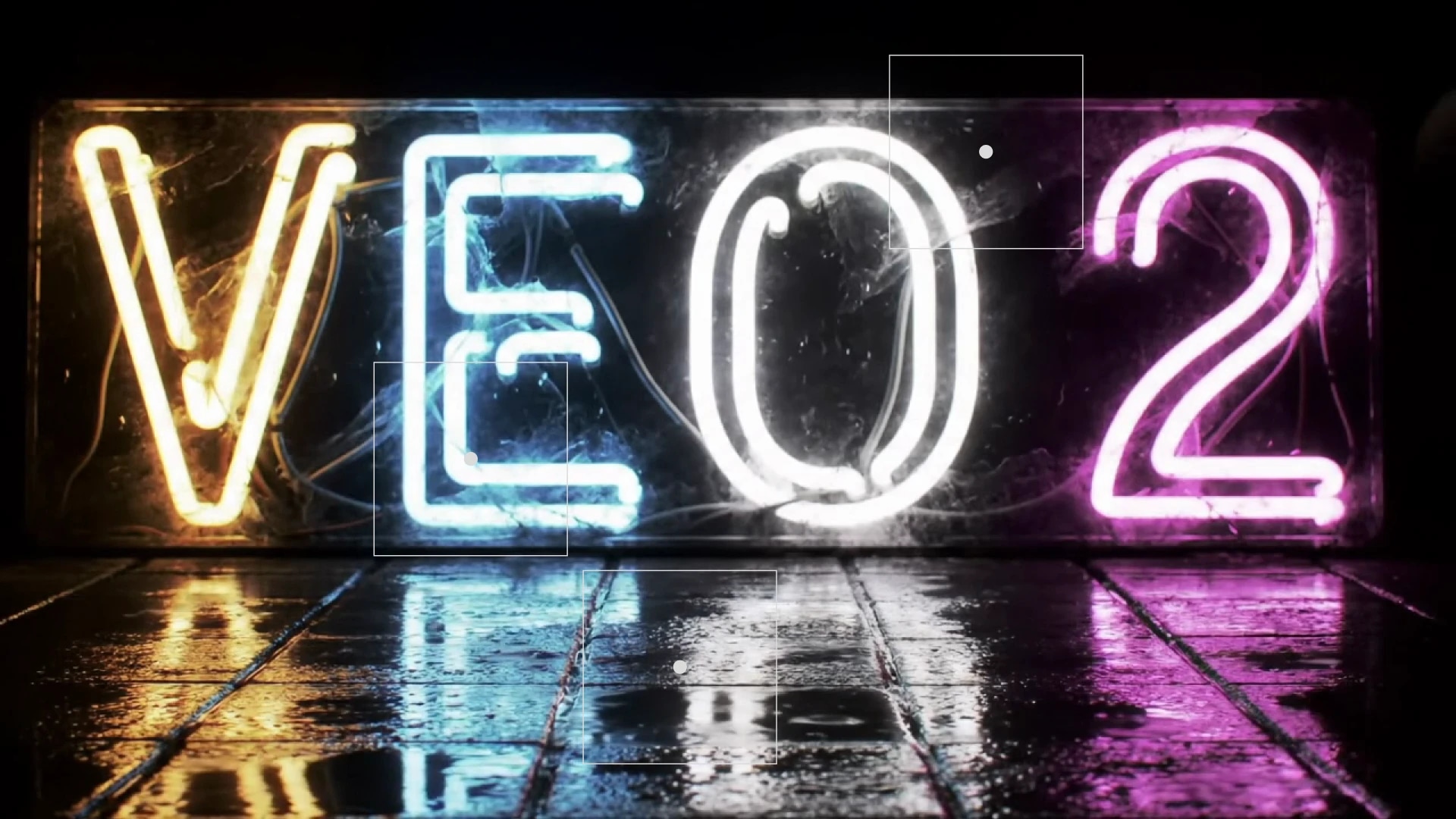 Neon sign displaying the text "VEO2" with colorful reflections on a wet surface.